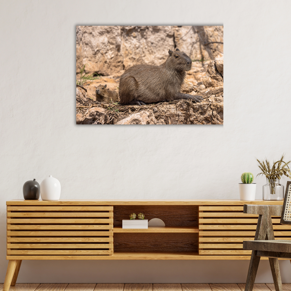Capybara Mutter mit Baby (Leinwandprint 60x90cm)